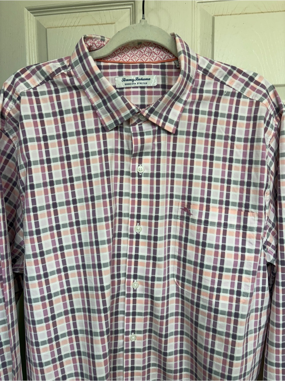 Tommy Bahama Sarasota Stretch Plaid Shirt XL Purple Mauve Peach Marlin Logo